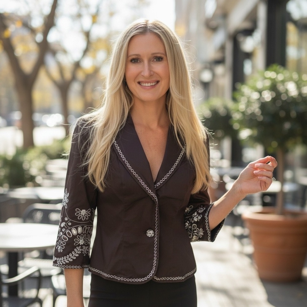 Very‎ Vera Vera Wang Brown Embroidered Eyelet Blazer Jacket Womens Petite Small